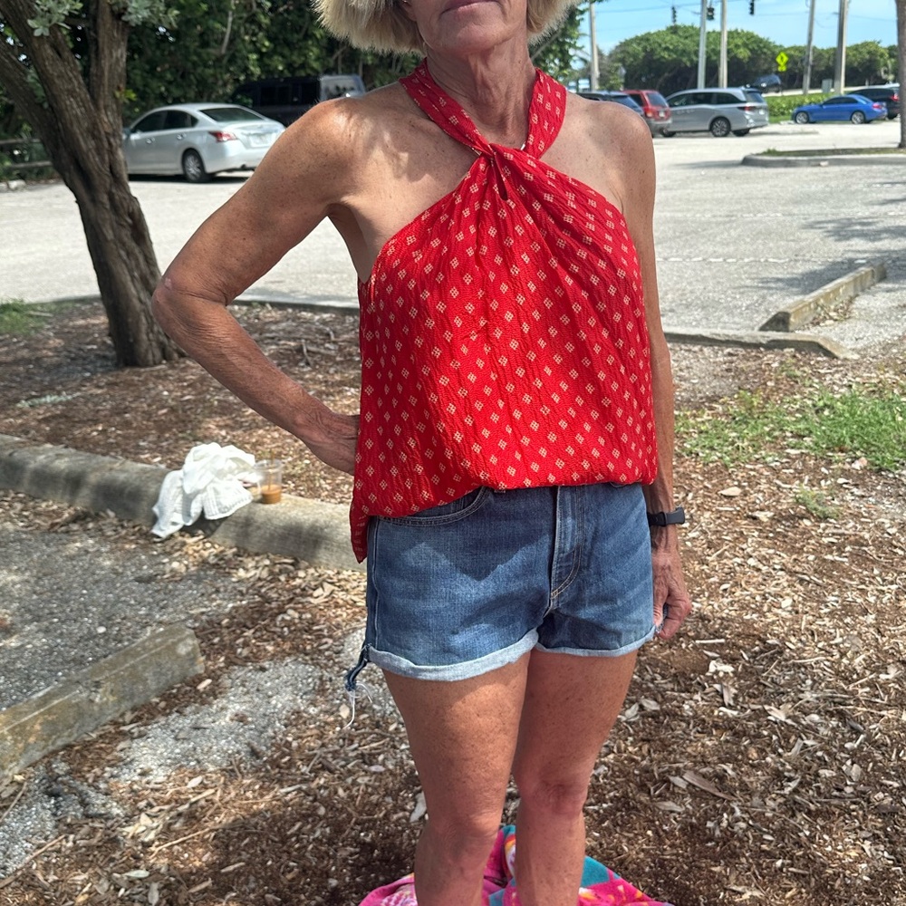 Joie Red Halter Blouse with Denim Shorts